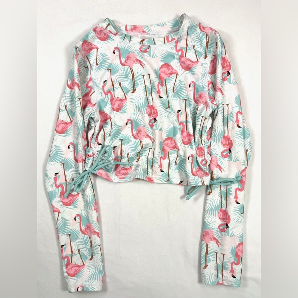 RUFFLE BUTTS Girls’ Vibrant Flamingo Print‎ Long Sleeve Rash Guard Swim Size 12